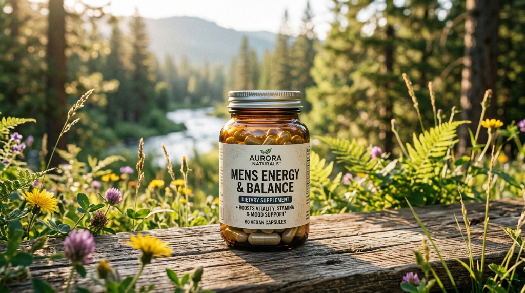 Aurora Naturals - Men's Energy & Balance Dietary Supplement in flacone di vetro ambrato